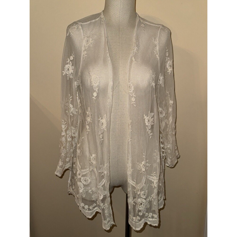 Floral Lace Open Front Kimono Sheer Cardigan Large Boho Bridal Festival